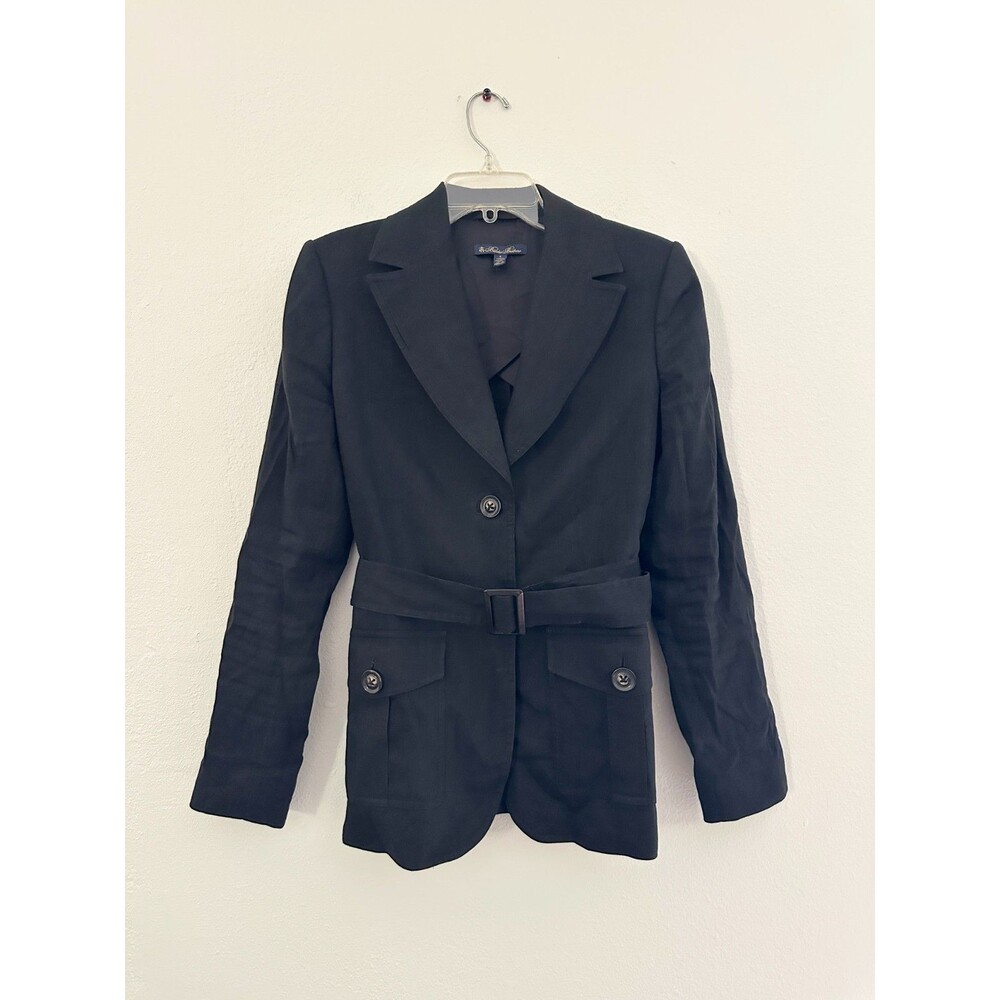 Brooks Brothers Belted Linen Blend Blazer Jacket Black Shoulder Pads Women's 6